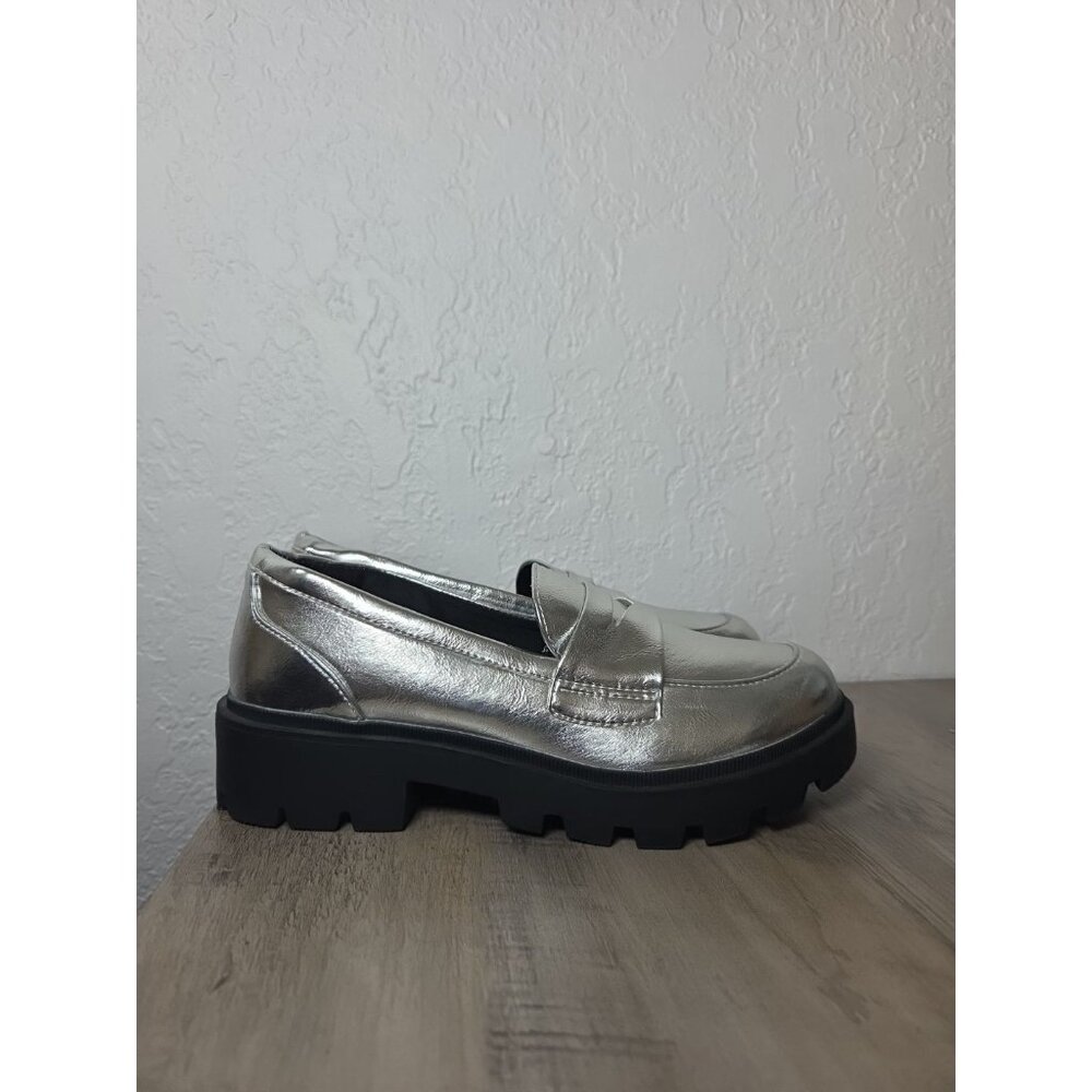 Self Esteem Y2K Shiny Silver Loafer Chunky Platform Wedge Vegan Leather Sz 3